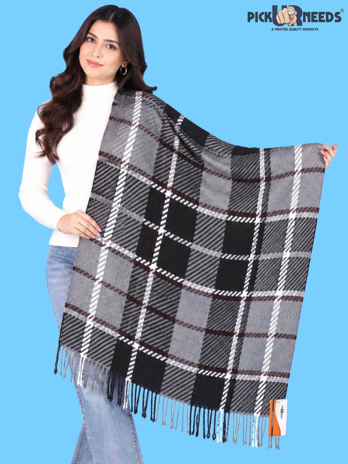 Pick Ur Needs Women's Winter Shawl & Muffler Soft Warm Checkered Printed Stole with Tassels Stylish Neck Wrap Scarf for Women & Girls