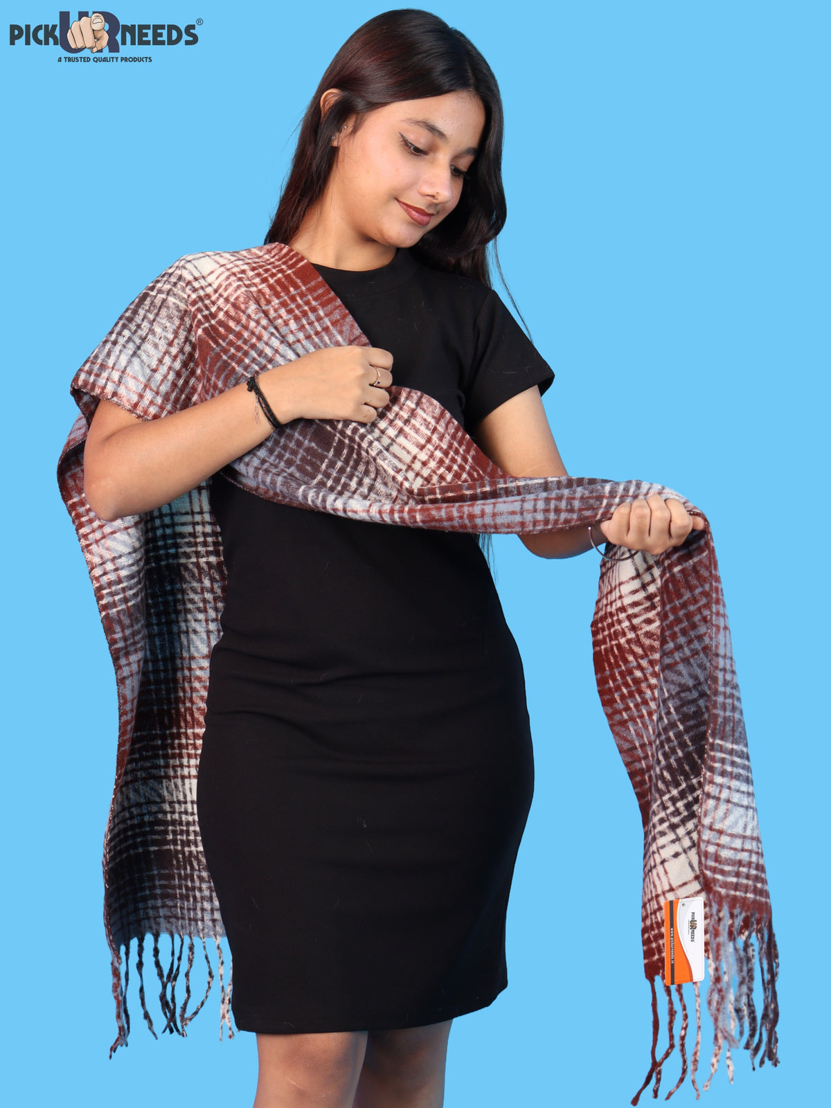 Pick Ur Needs Soft Woolen Girl's Muffler Scarf with Elegant Check Pattern,Warm & Cozy Winter Neck Wrap, Stylish Fringed Stole for Women & Girls