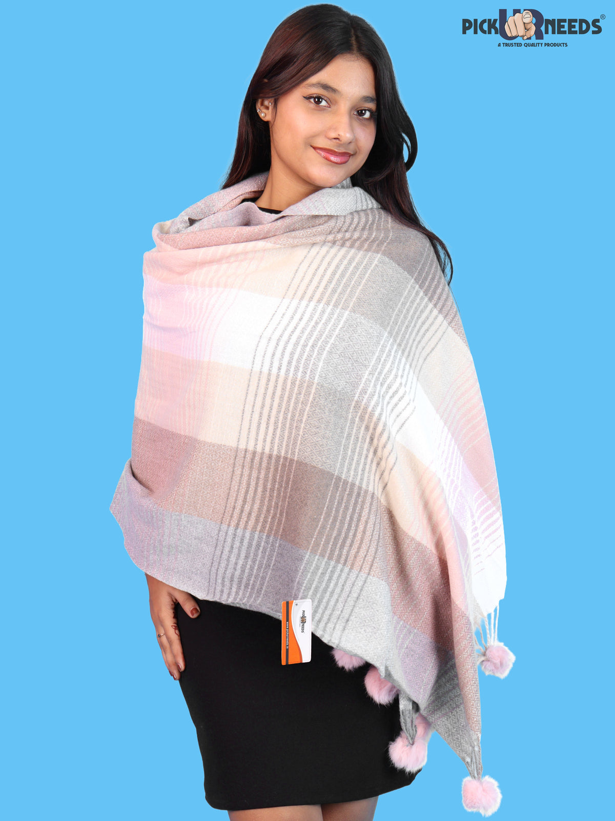 Pick Ur Needs Women & Girls Winter Shawl Soft Warm Striped Pattern Shawl with Tassel & Pom Pom Border Stylish Ladies Winter Wrap