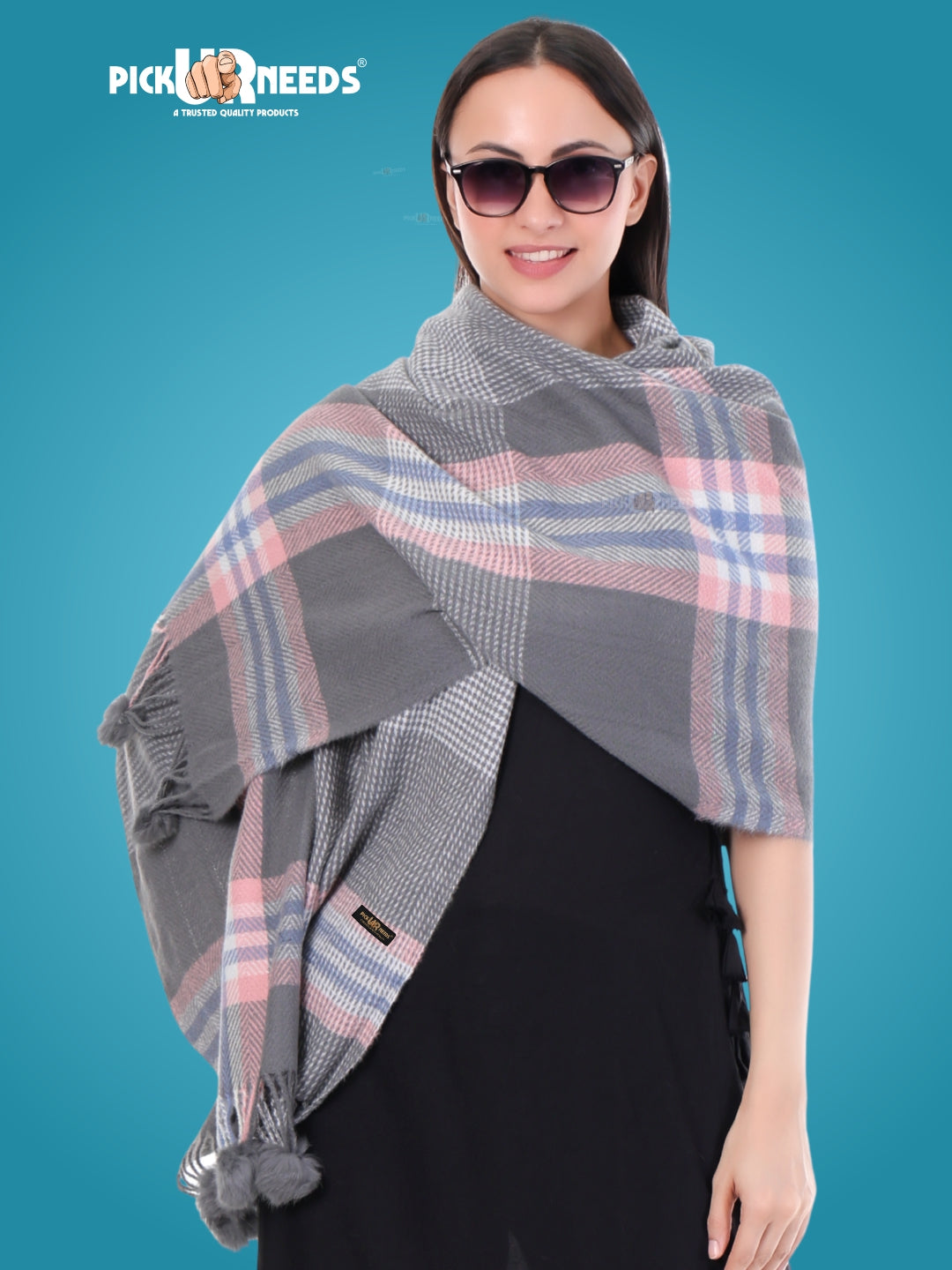 Pick Ur Needs Women's Soft Plaid Shawl Wrap Scarf with Pom Poms Warm Blanket Stole Fashionable Winter Gift for Ladies