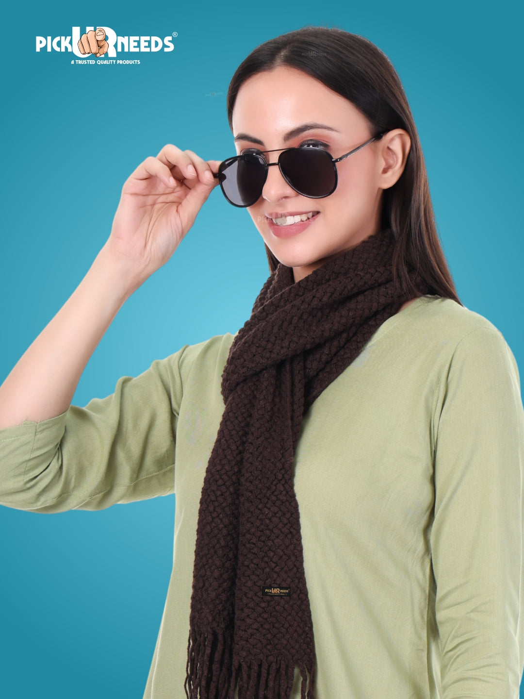 Pick Ur Needs Women's Chunky Knit Scarf  Soft, Warm & Breathable Winter Muffler  Unisex Solid Tan Textured Knit with Fringes