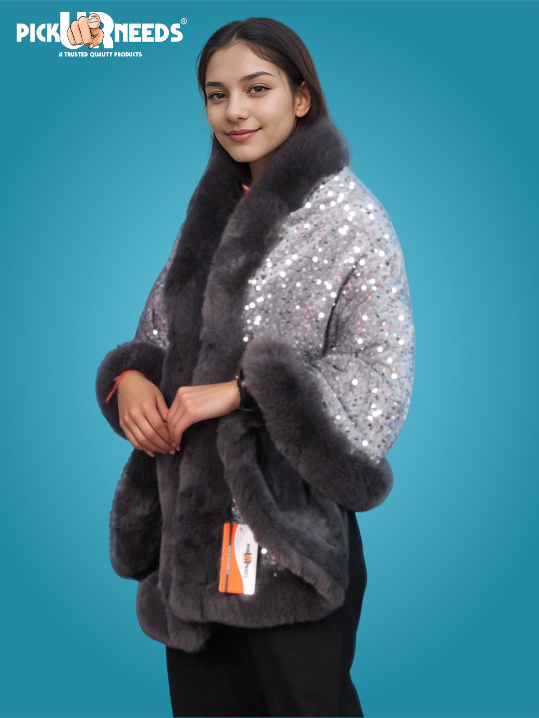 Visit the Pick Ur Needs Store Pick Ur Needs Luxury Sequin Faux Fur Shawl for Women Poncho & Winter Shrug Soft Warm Designer Wrap for Evening Parties
