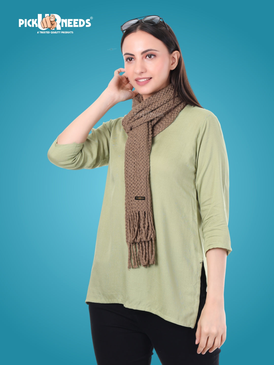 Pick Ur Needs Women's Chunky Knit Scarf  Soft, Warm & Breathable Winter Muffler  Unisex Solid Tan Textured Knit with Fringes