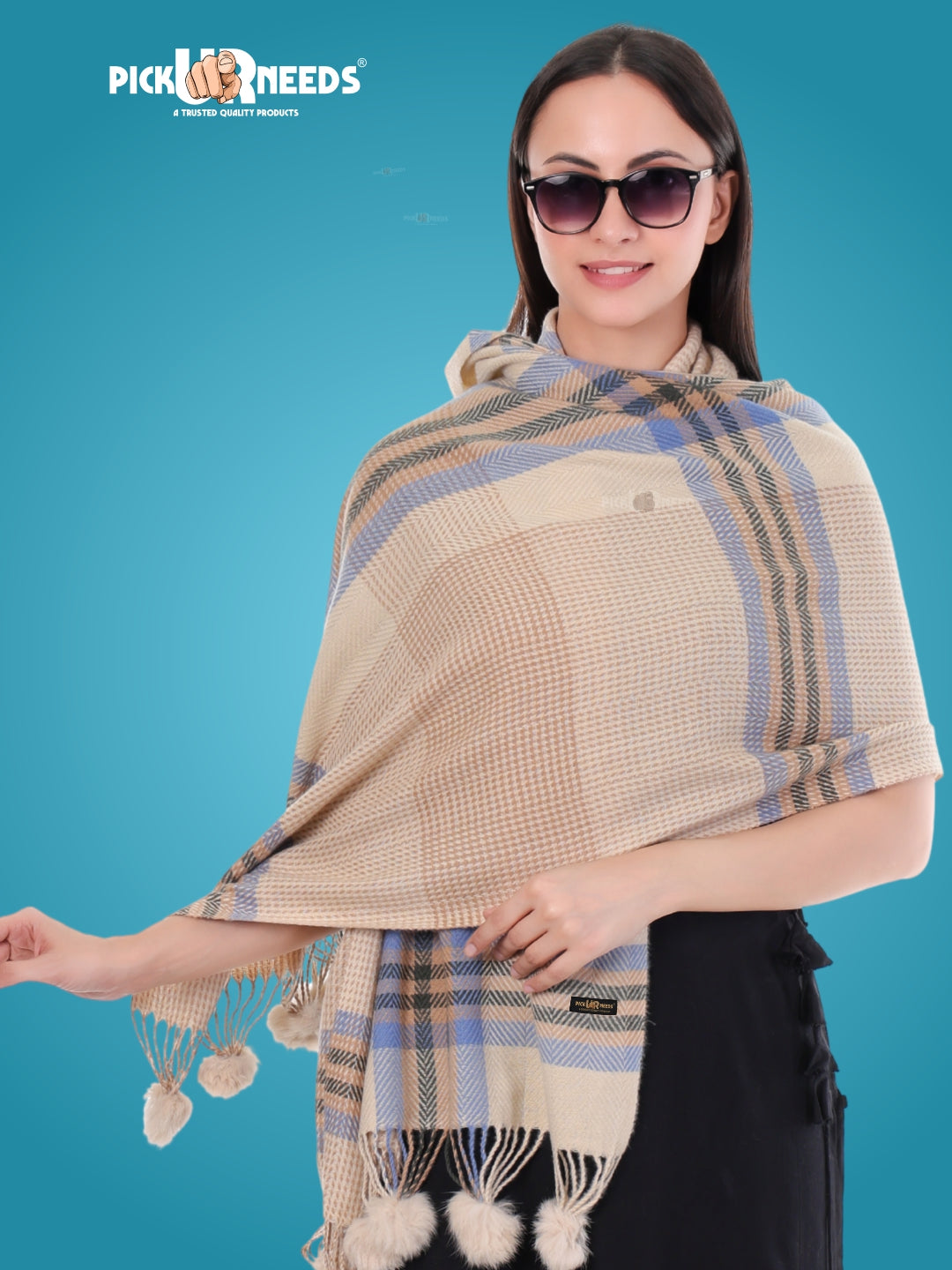 Pick Ur Needs Women's Soft Plaid Shawl Wrap Scarf with Pom Poms Warm Blanket Stole Fashionable Winter Gift for Ladies