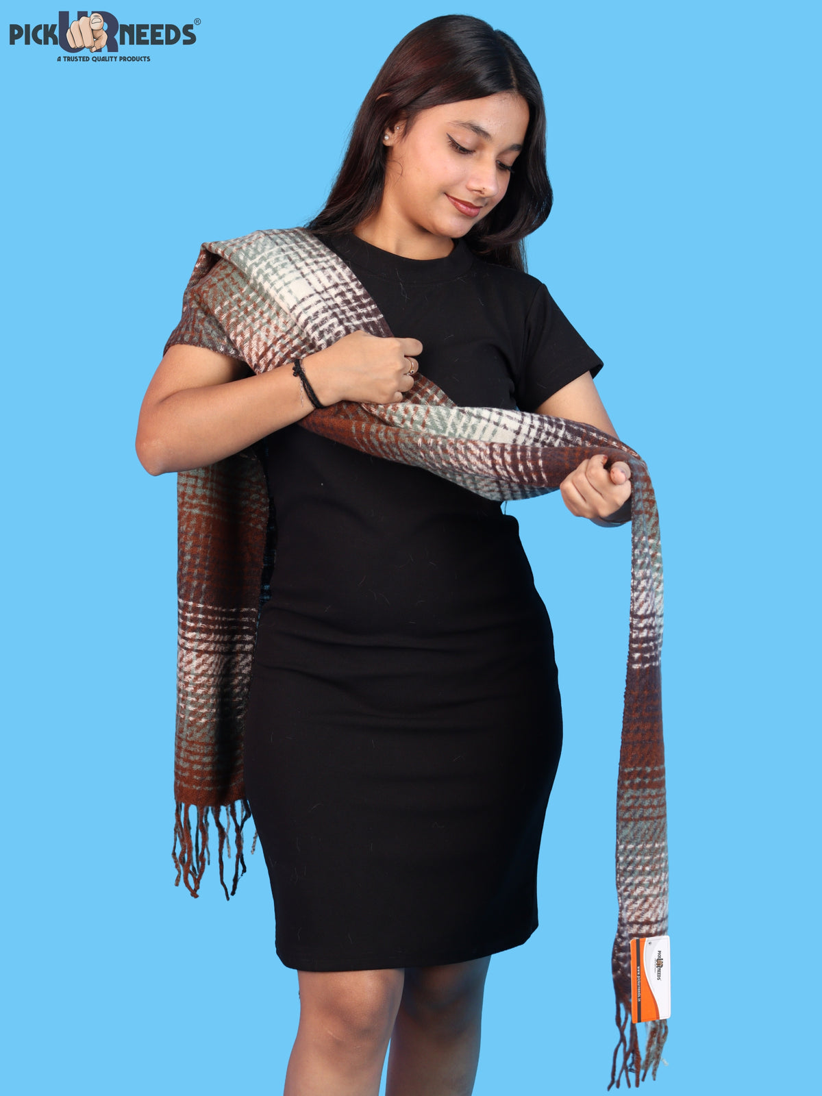 Pick Ur Needs Soft Woolen Girl's Muffler Scarf with Elegant Check Pattern,Warm & Cozy Winter Neck Wrap, Stylish Fringed Stole for Women & Girls