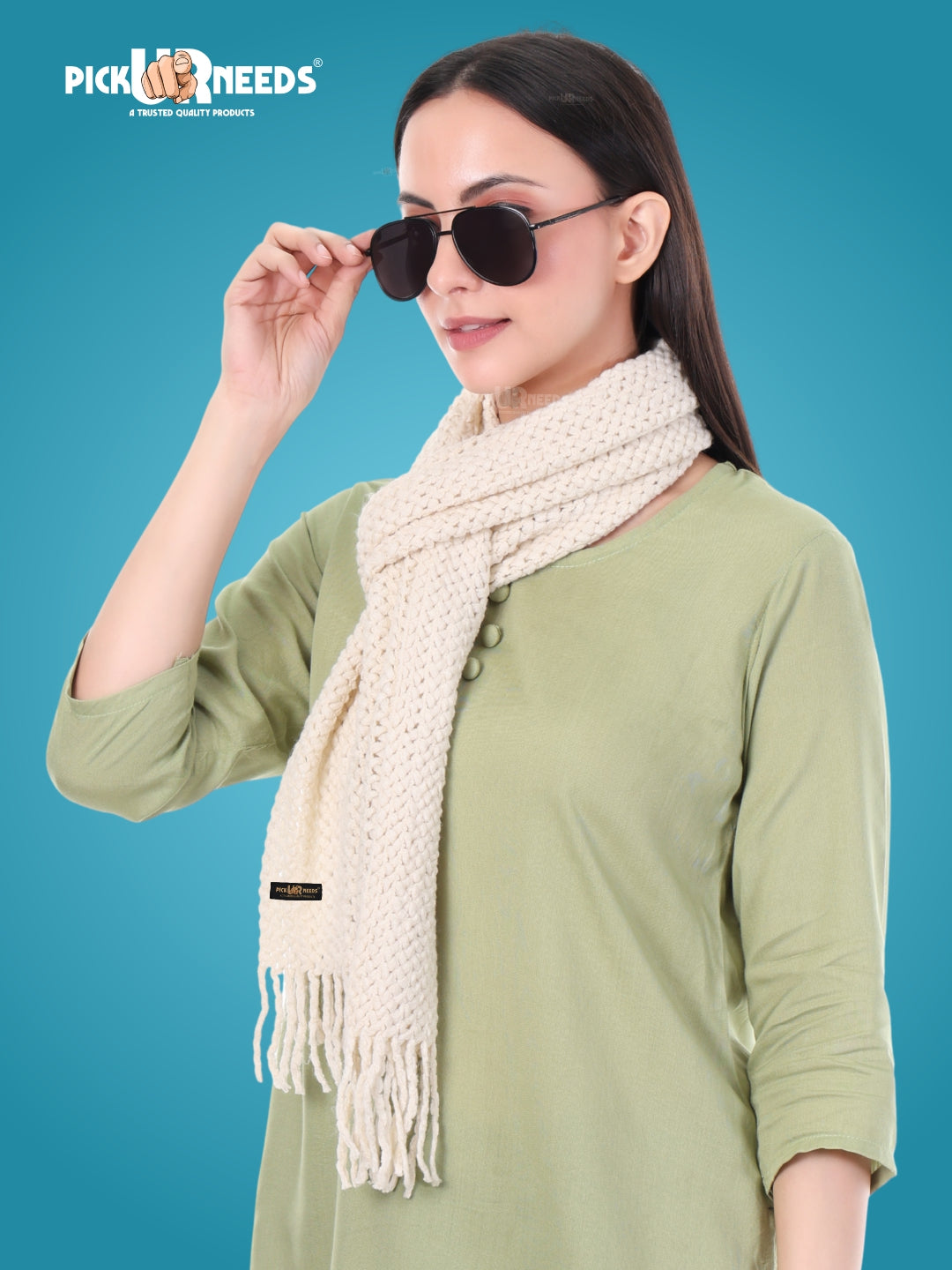 Pick Ur Needs Women's Chunky Knit Scarf  Soft, Warm & Breathable Winter Muffler  Unisex Solid Tan Textured Knit with Fringes