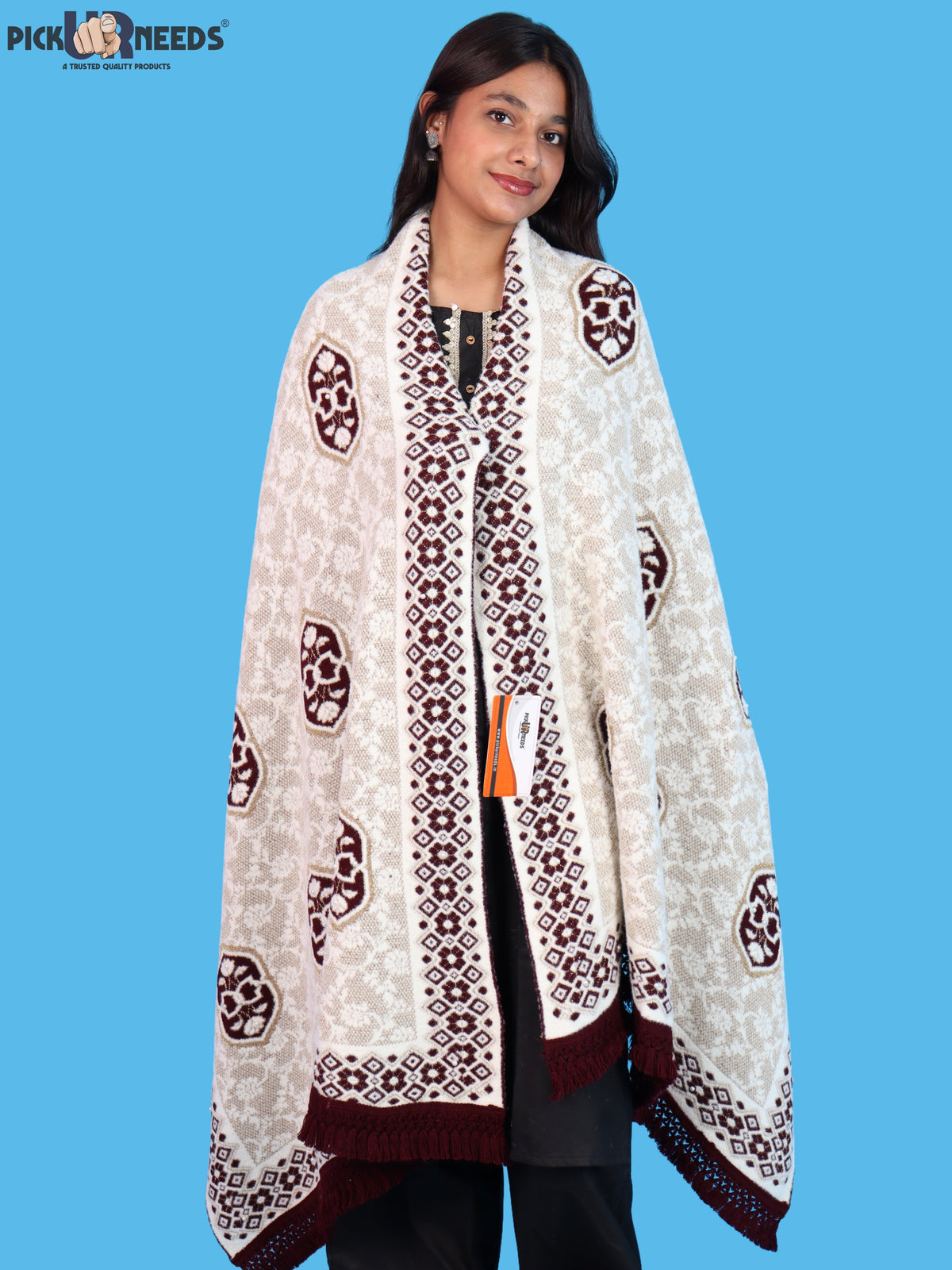 Pick Ur Needs Printed Women’s Woolen Shawl with Elegant Floral Pattern & Fur Border