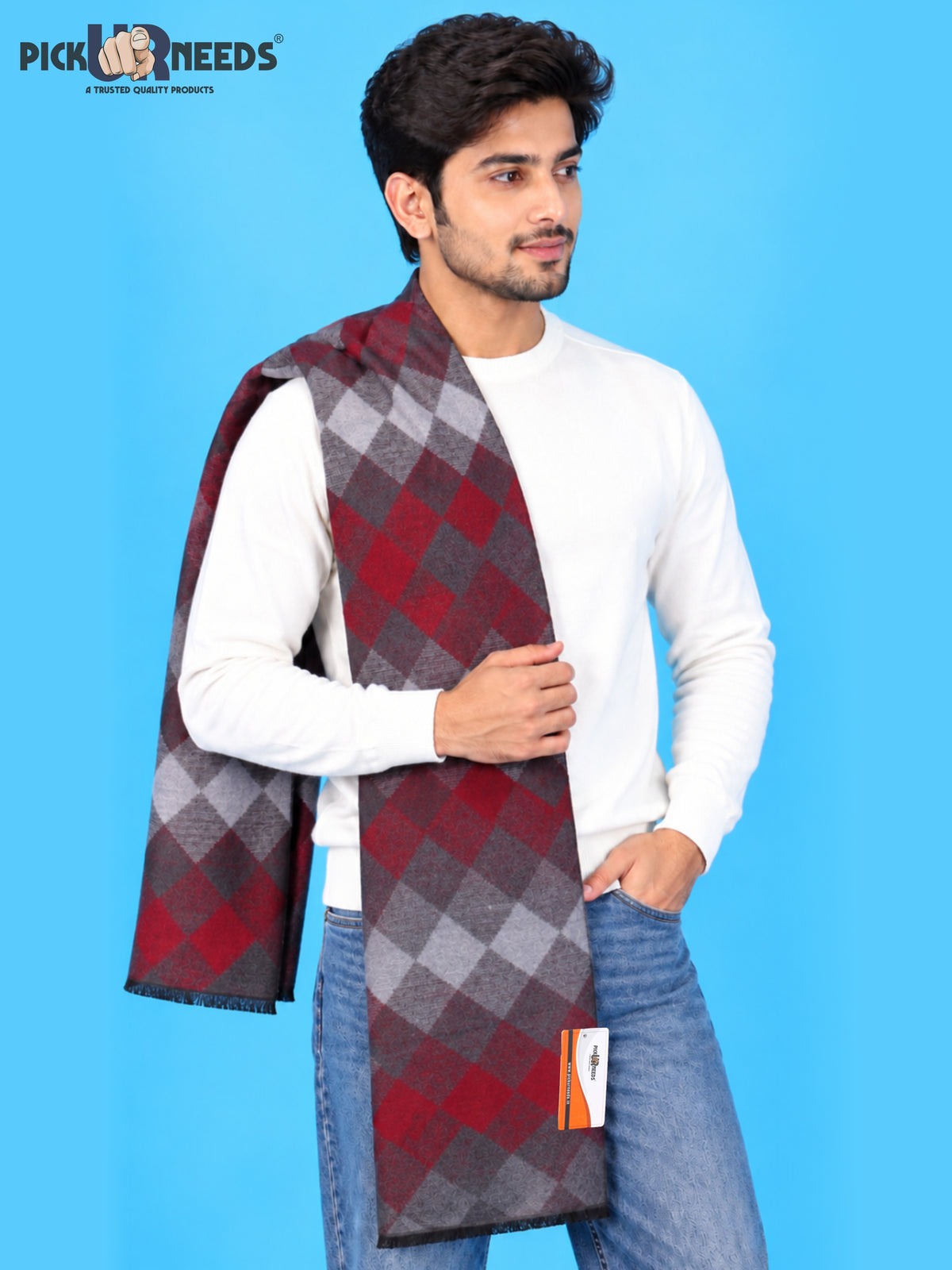 Pick Ur Needs Premium Winter Muffler for Men & Boys Soft & Warm Checkered Design Woolen Style Scarf Stylish Long Neck Wrap for Winter Wear