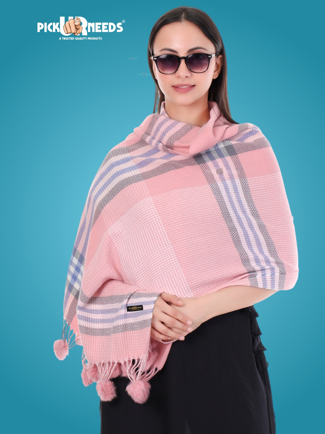 Pick Ur Needs Women's Soft Plaid Shawl Wrap Scarf with Pom Poms Warm Blanket Stole Fashionable Winter Gift for Ladies