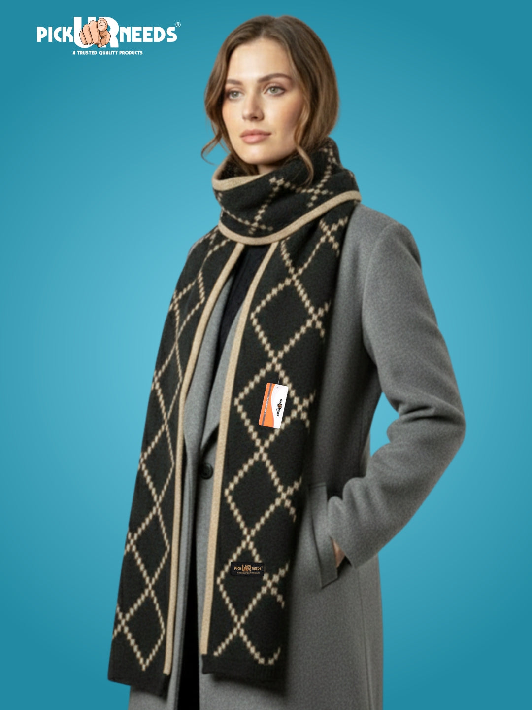 Pick Ur Needs Premium Winter Woolen Scarf for Women Designer Checkered Warm Muffler Soft, Stylish & Cozy Cold Weather Wrap