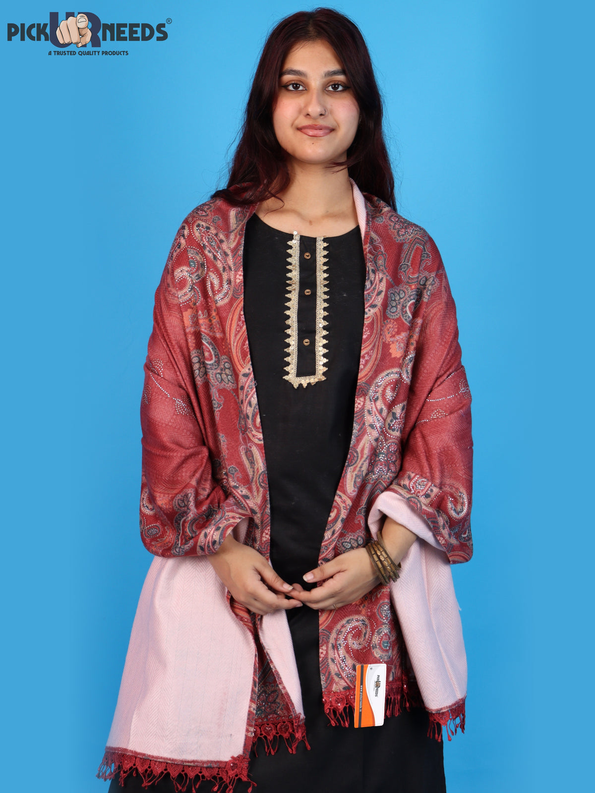 Pick Ur Needs Womens Designer Winter Elegant Floral Embellished Paisley Print Girls Shawl with Decorative Fringe Border