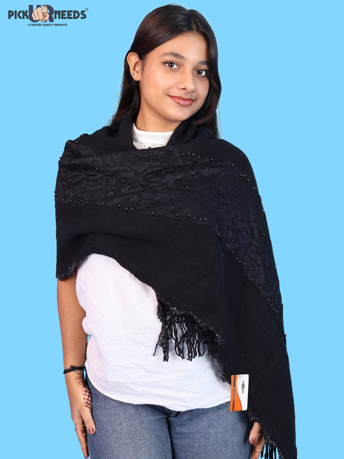 Pick Ur Needs Girls & Womens Shawl with Embroidered Lace Work, Bead Detailing and Fringe Tassels, Elegant Woollen Winter Stole