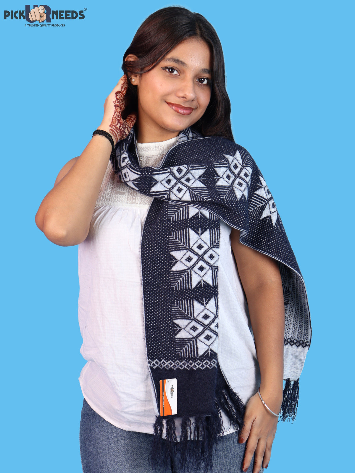 Pick Ur Needs Women & Girls Reversible Knitted Winter Muffler, Soft Warm Woollen Scarf with Geometric Pattern and Tassels, Lightweight Dual-Sided Winter Wrap