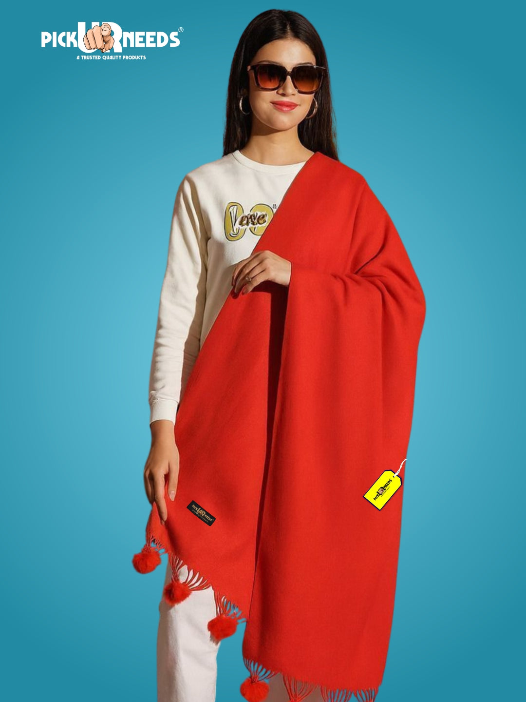 Pick Ur Needs Premium Women’s Wool Blend Scarf Soft Woolen Shawl Winter Stole with Tassels & Pom Poms
