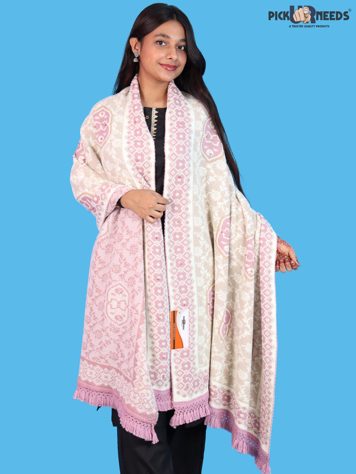 Pick Ur Needs Printed Women’s Woolen Shawl with Elegant Floral Pattern & Fur Border