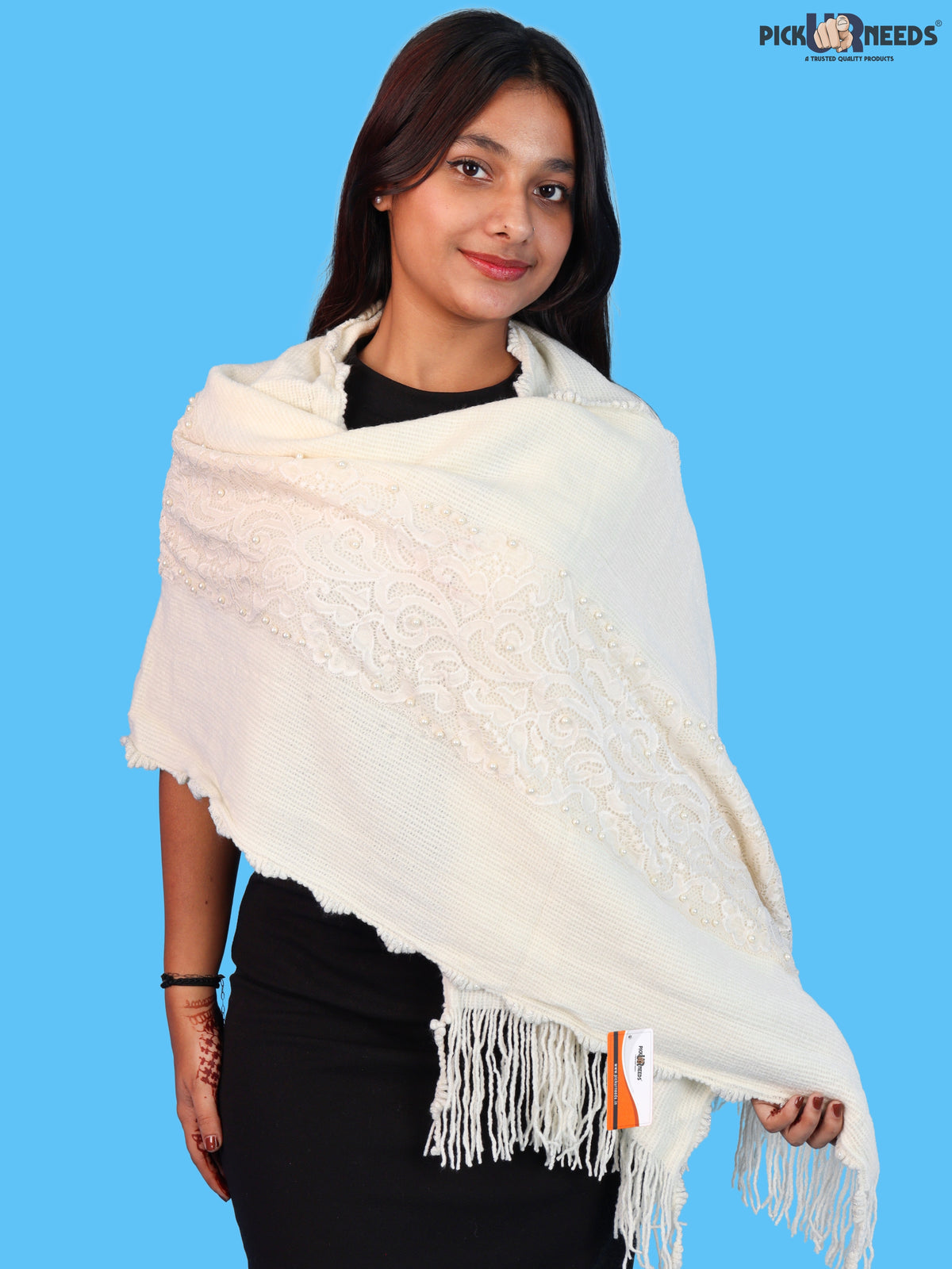 Pick Ur Needs Girls & Womens Shawl with Embroidered Lace Work, Bead Detailing and Fringe Tassels, Elegant Woollen Winter Stole