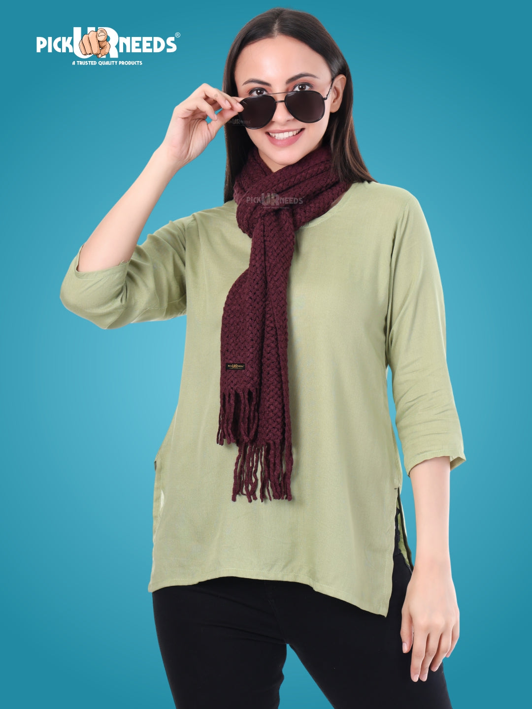 Pick Ur Needs Women's Chunky Knit Scarf  Soft, Warm & Breathable Winter Muffler  Unisex Solid Tan Textured Knit with Fringes