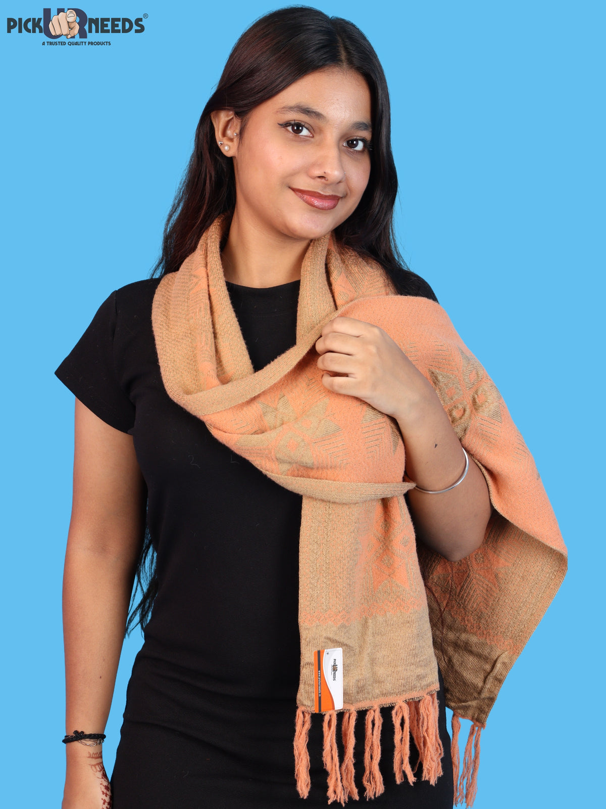 Pick Ur Needs Women & Girls Reversible Knitted Winter Muffler, Soft Warm Woollen Scarf with Geometric Pattern and Tassels, Lightweight Dual-Sided Winter Wrap
