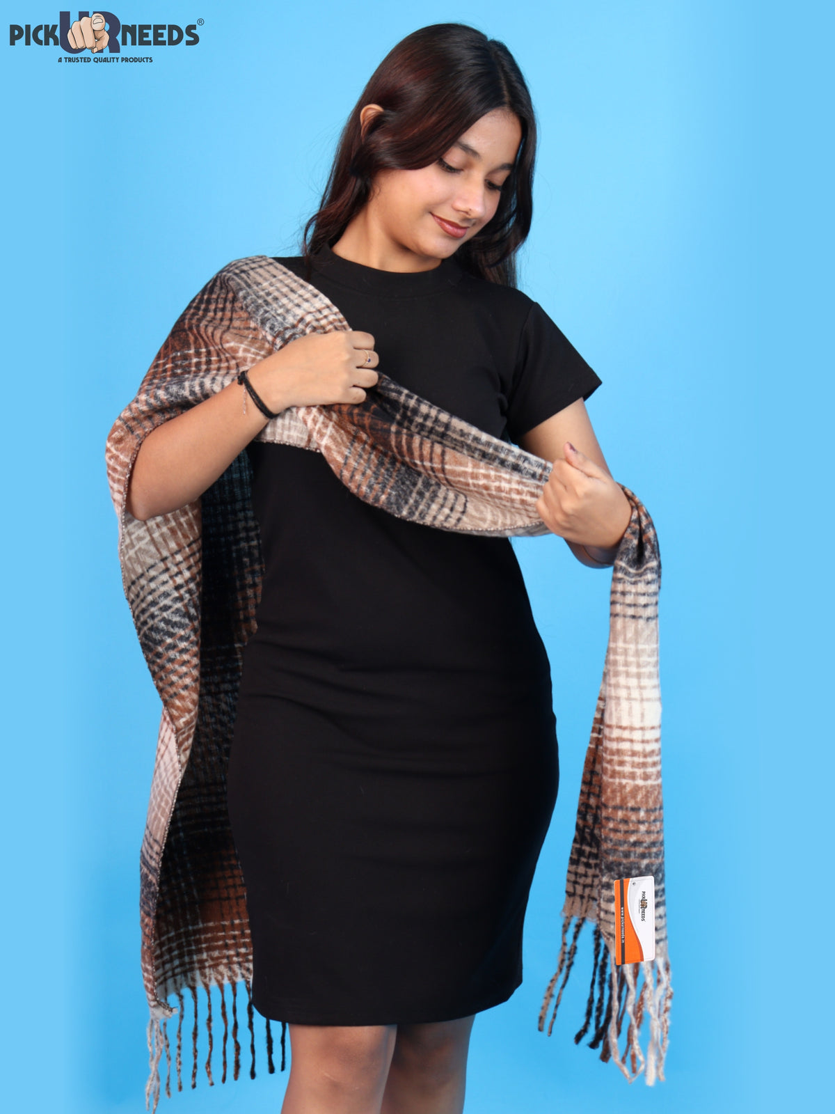 Pick Ur Needs Soft Woolen Girl's Muffler Scarf with Elegant Check Pattern,Warm & Cozy Winter Neck Wrap, Stylish Fringed Stole for Women & Girls