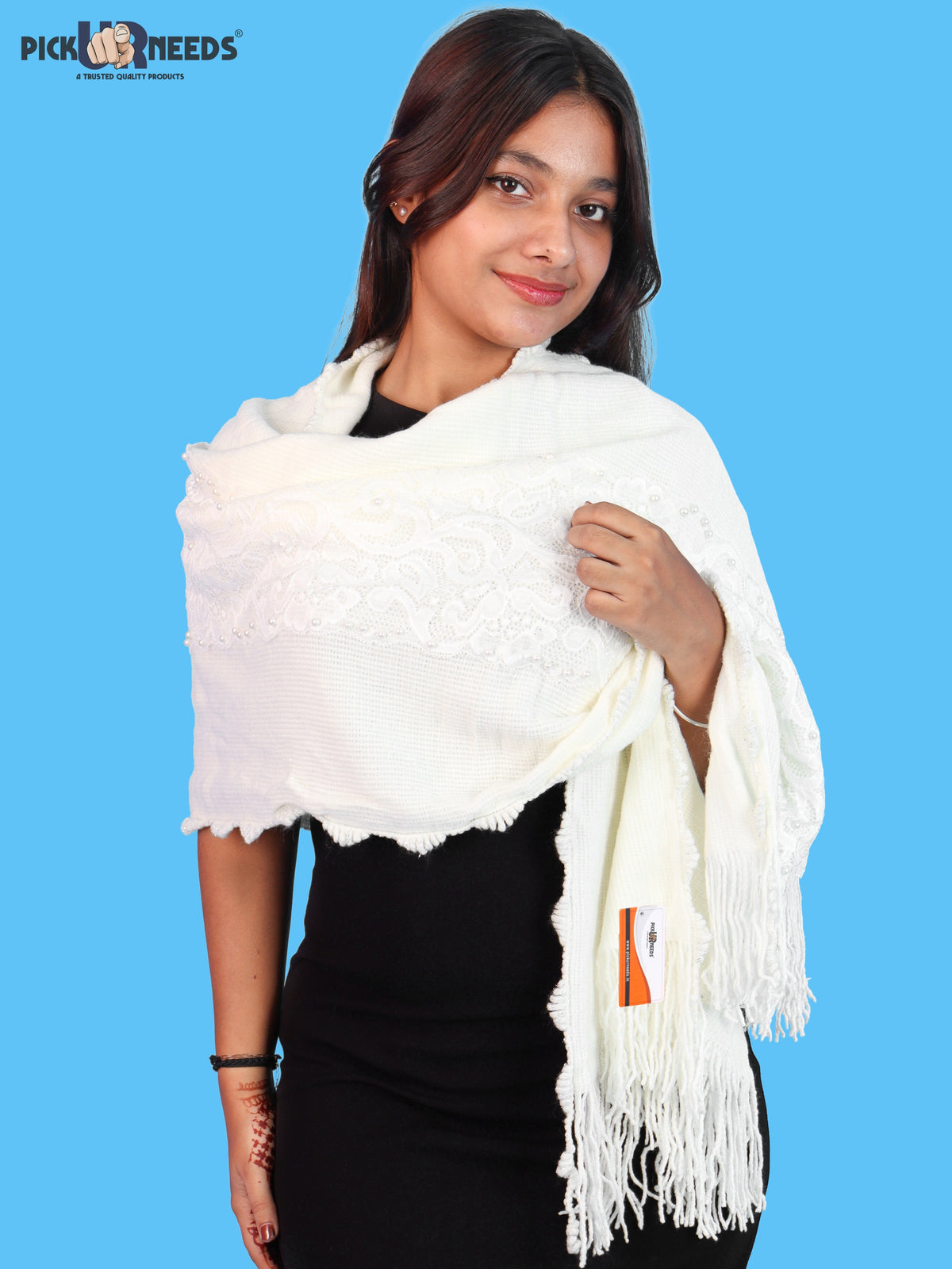 Pick Ur Needs Girls & Womens Shawl with Embroidered Lace Work, Bead Detailing and Fringe Tassels, Elegant Woollen Winter Stole