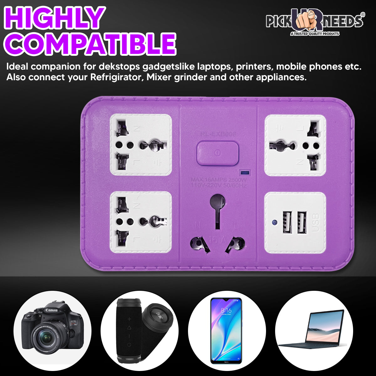 Pick Ur Needs  220 volts Extension Cord with 2 USB Charging Ports and 3 Socket + 1 Master Switch - 16 AMP Heavy Duty for Multiple