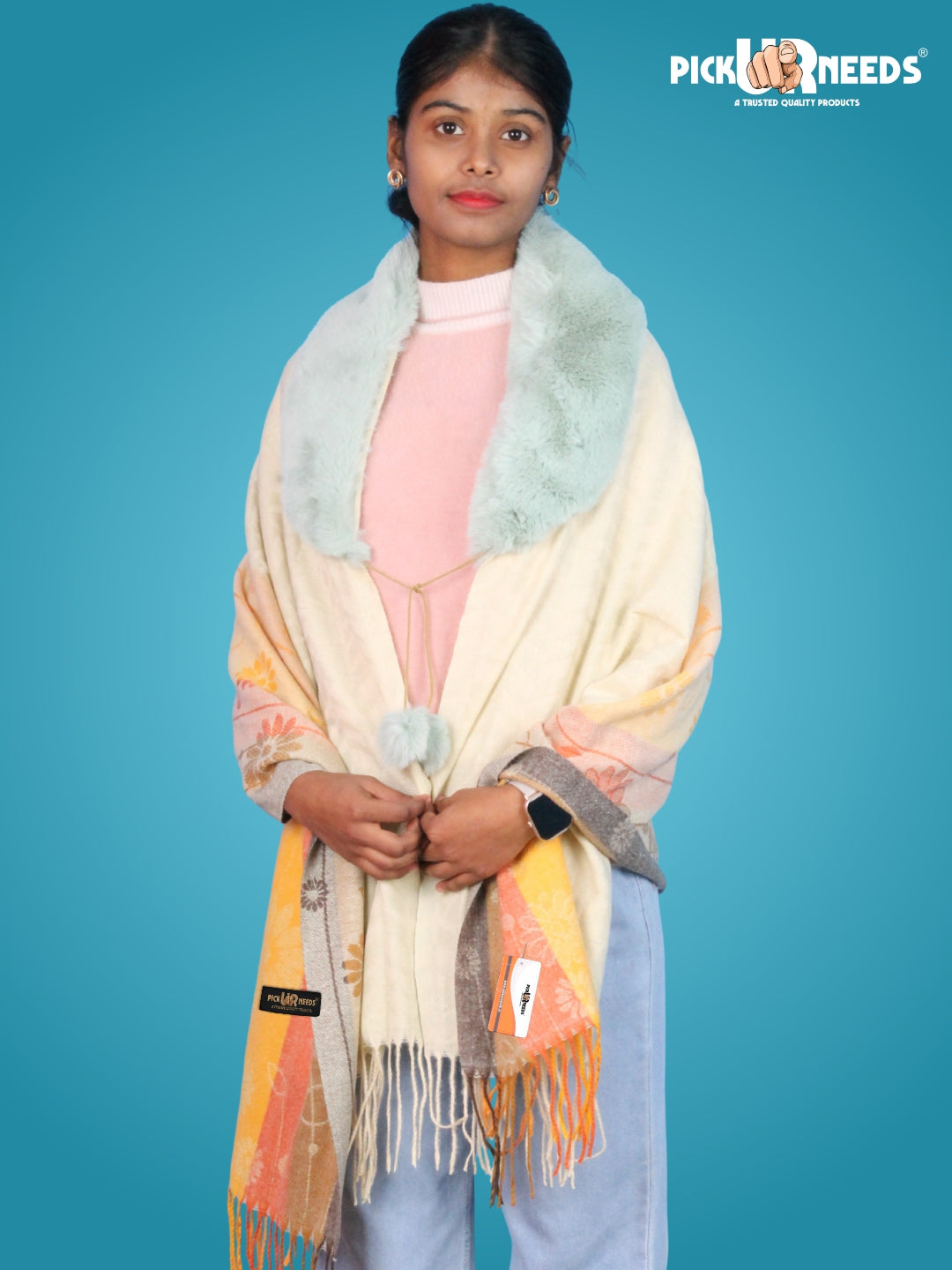 Pick Ur Needs Women’s Winter Shawl  Soft Woolen Stole with Faux Fur Collar  Elegant Poncho Shrug Wrap for Winter Warm Designer Scarf for Ladies