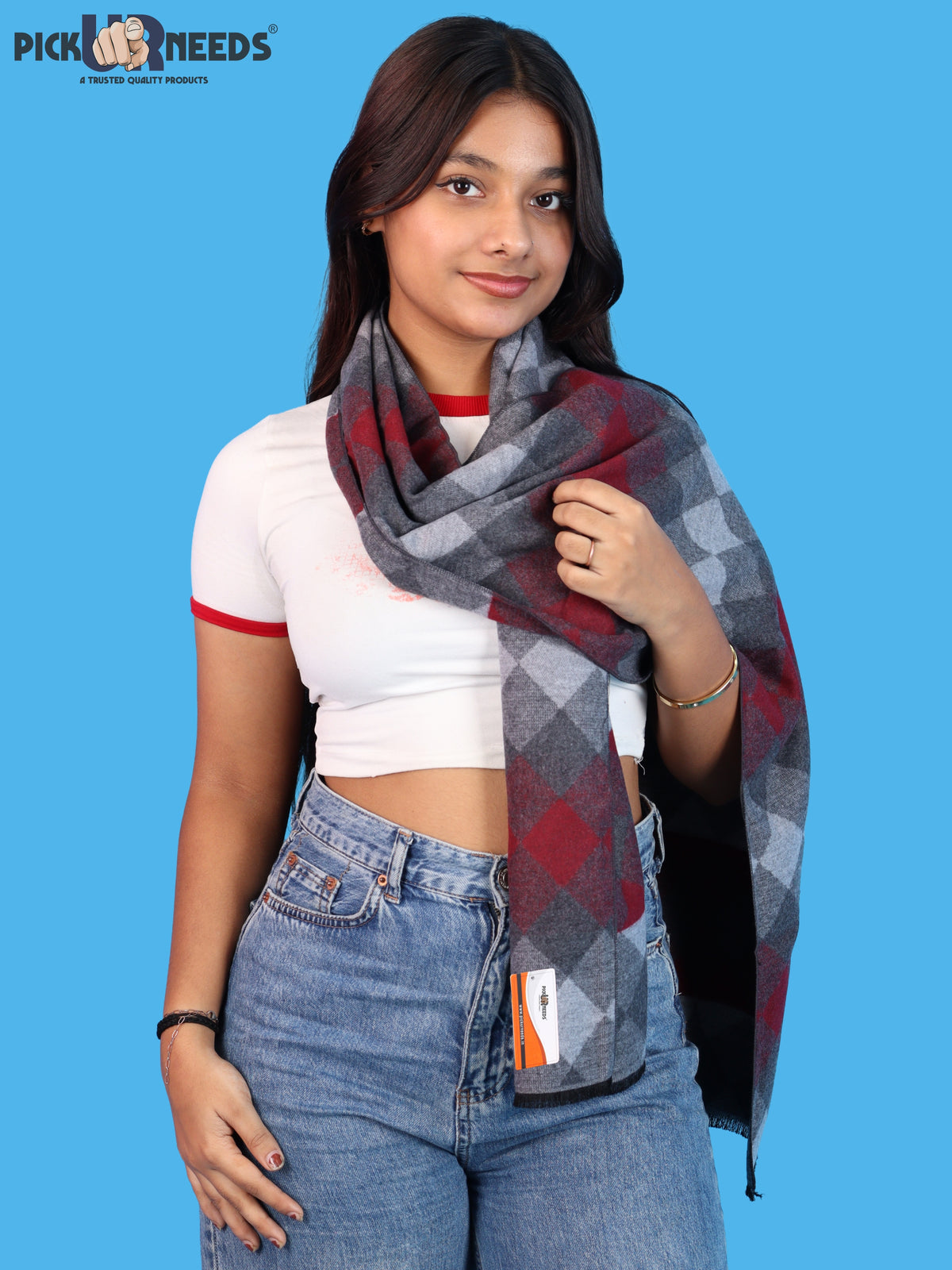 Pick Ur Needs Women & Girls Soft Woolen Checkered Muffler Warm Winter Neck Scarf with Stylish Checked Pattern