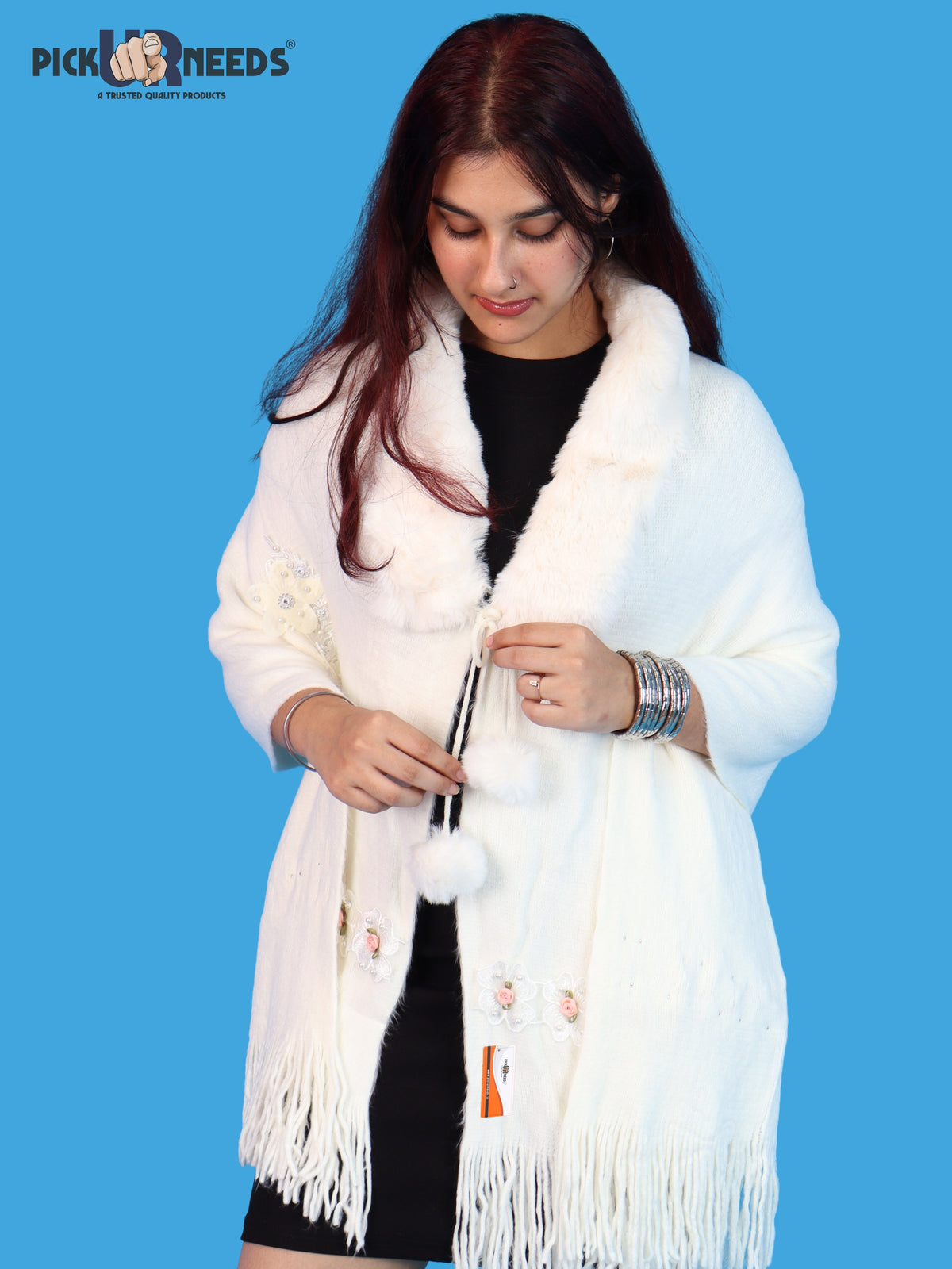 Pick Ur Needs Womens Premium Winter Shawl Shrug with Soft Fur Collar, Floral Embroidery, Pom-Pom Tie & Fringe Detailing Stylish Warm Wrap for Girls