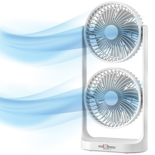 Pick Ur Needs Desk Table Fan Rechargeable Electric Dual Head with Powerful Airflow for Office 4000mAh Battery 3 Speed Mode