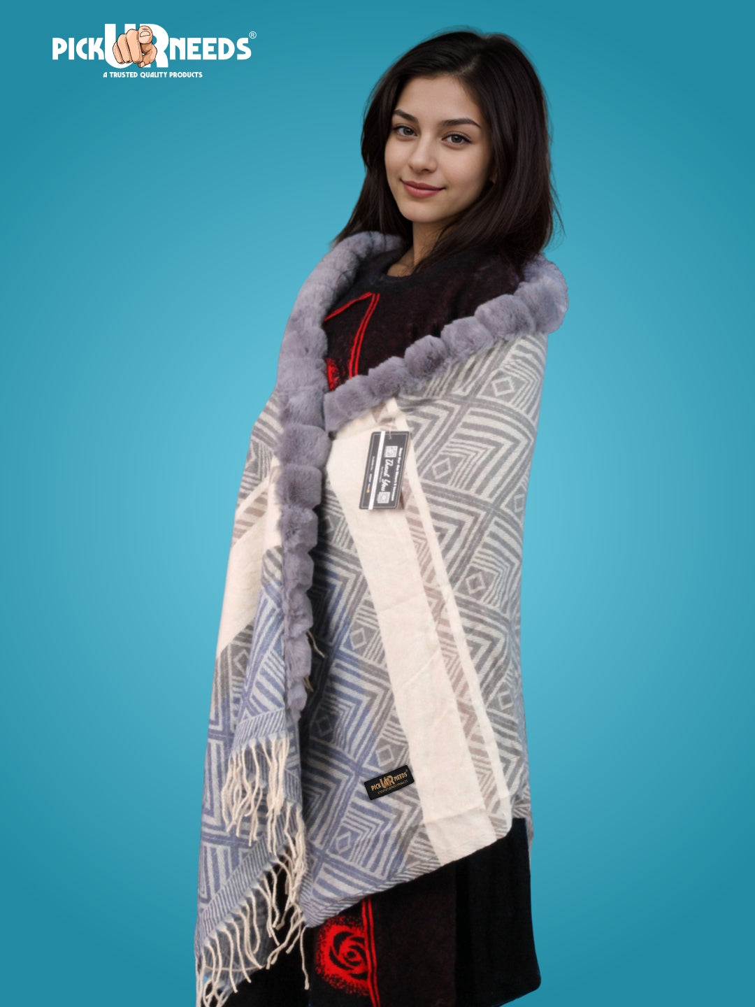 Pick Ur Needs Women's Winter Geometric Printed Faux Fur Border Shawl with Tassels  Soft Warm Wrap Stole for Casual, Party & Travel