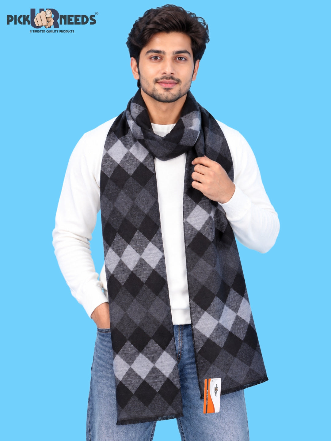 Pick Ur Needs Premium Winter Muffler for Men & Boys Soft & Warm Checkered Design Woolen Style Scarf Stylish Long Neck Wrap for Winter Wear