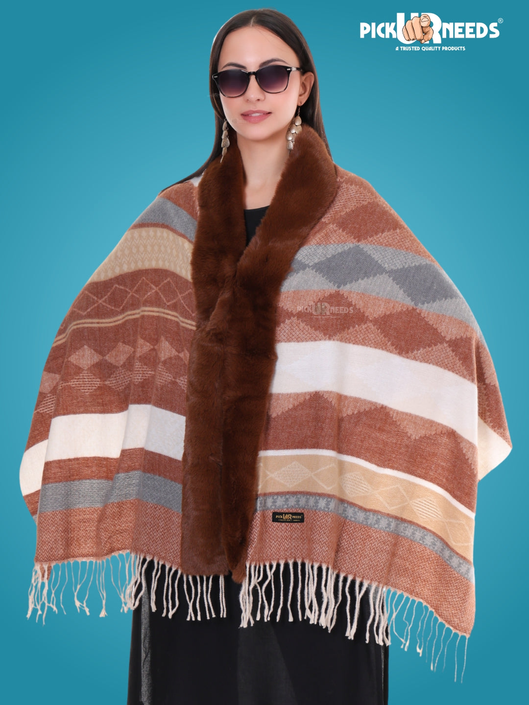 Pick Ur Needs Elegant Winter Soft & Warm Woolen Shawl with Faux Fur Border Multi Color Pattern Scarf
