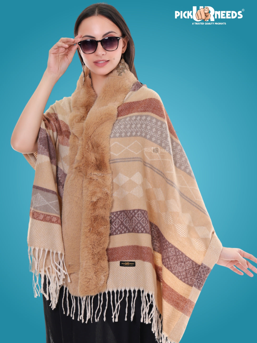 Pick Ur Needs Elegant Winter Soft & Warm Woolen Shawl with Faux Fur Border Multi Color Pattern Scarf