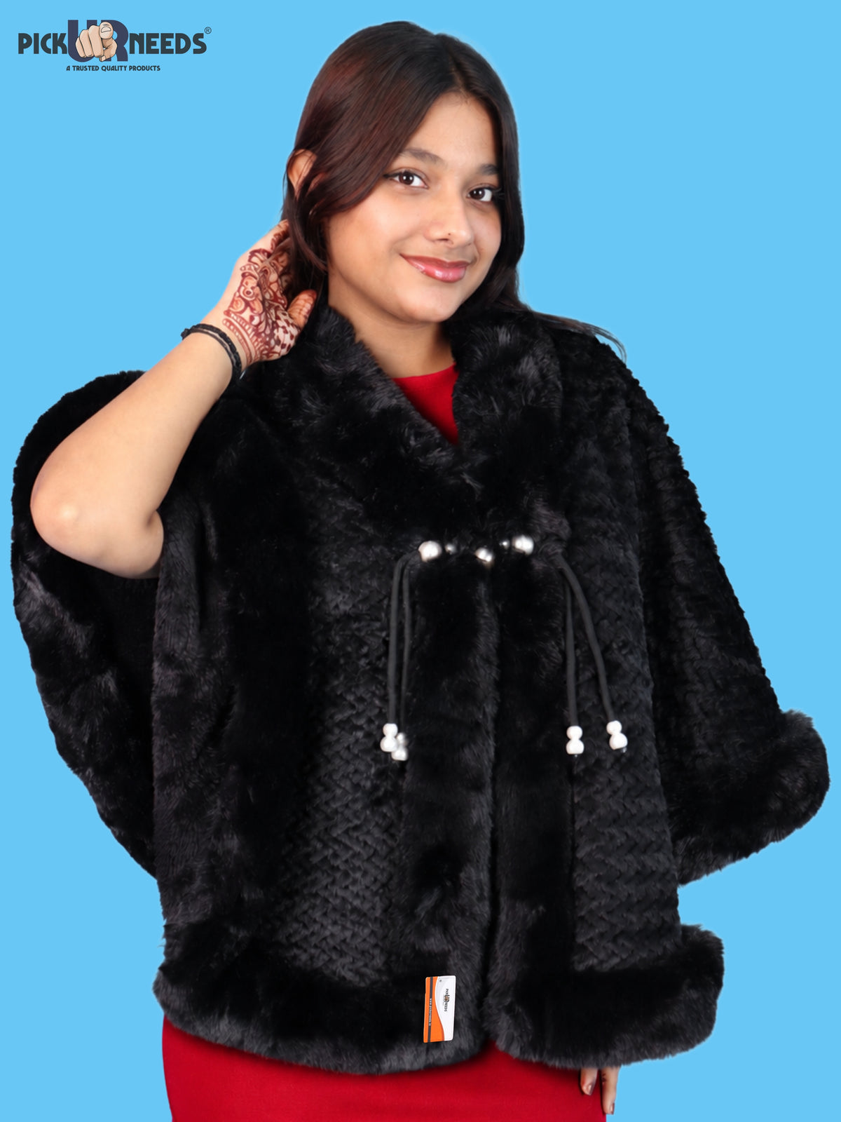 Pick Ur Needs Ladies Winter Shrug with Plush Fur Style Border & Pearl Bead Accents Textured Soft Fabric Open Front Cape Poncho with Wide Sleeves for Girls & Women