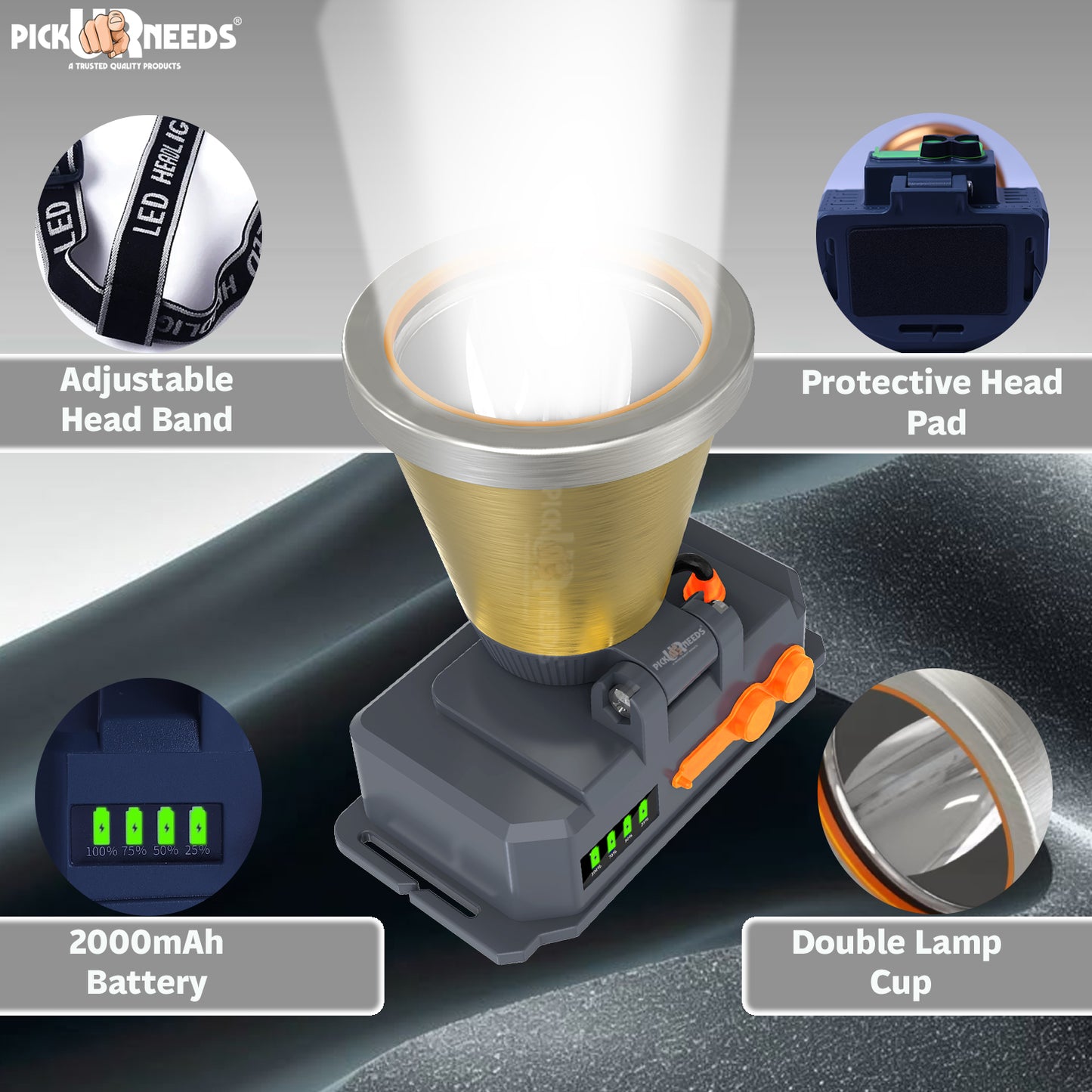 Pick Ur Needs Chargeable Head Lamp 3 Blink Mode Aluminum Body 2000mAh Battery 150W Bright LED 3 hrs Torch Emergency Light