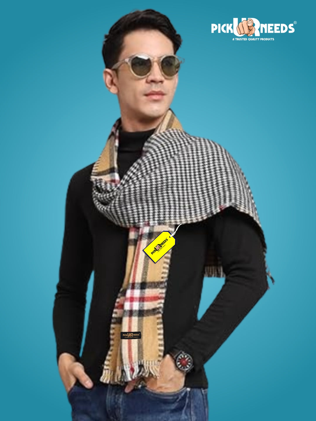 Pick Ur Needs Reversible Winter Muffler for Men Premium Soft Wool Blend Scarf Dual-Design Check & Houndstooth Pattern Warm & Stylish Winter Neck Wrap