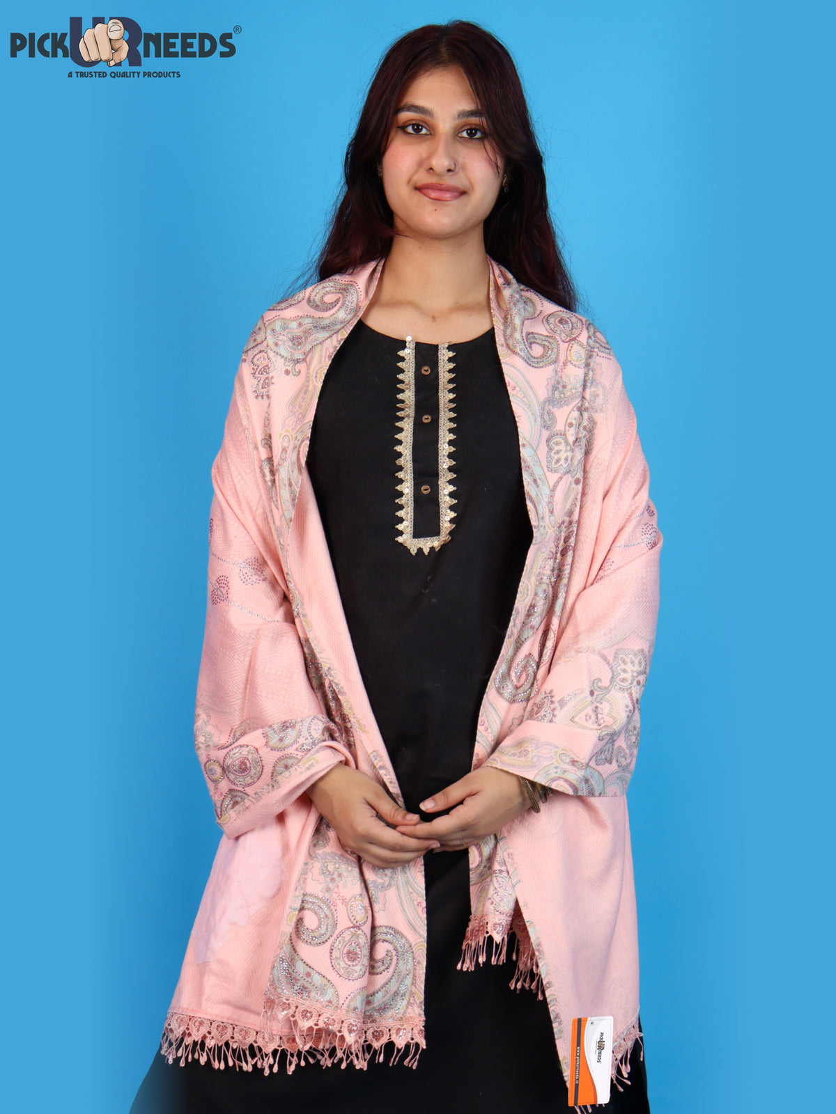 Pick Ur Needs Womens Designer Winter Elegant Floral Embellished Paisley Print Girls Shawl with Decorative Fringe Border