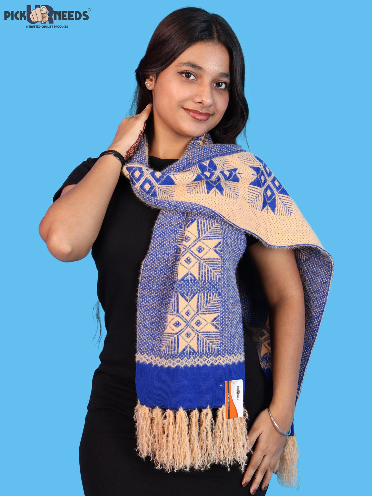 Pick Ur Needs Women & Girls Reversible Knitted Winter Muffler, Soft Warm Woollen Scarf with Geometric Pattern and Tassels, Lightweight Dual-Sided Winter Wrap