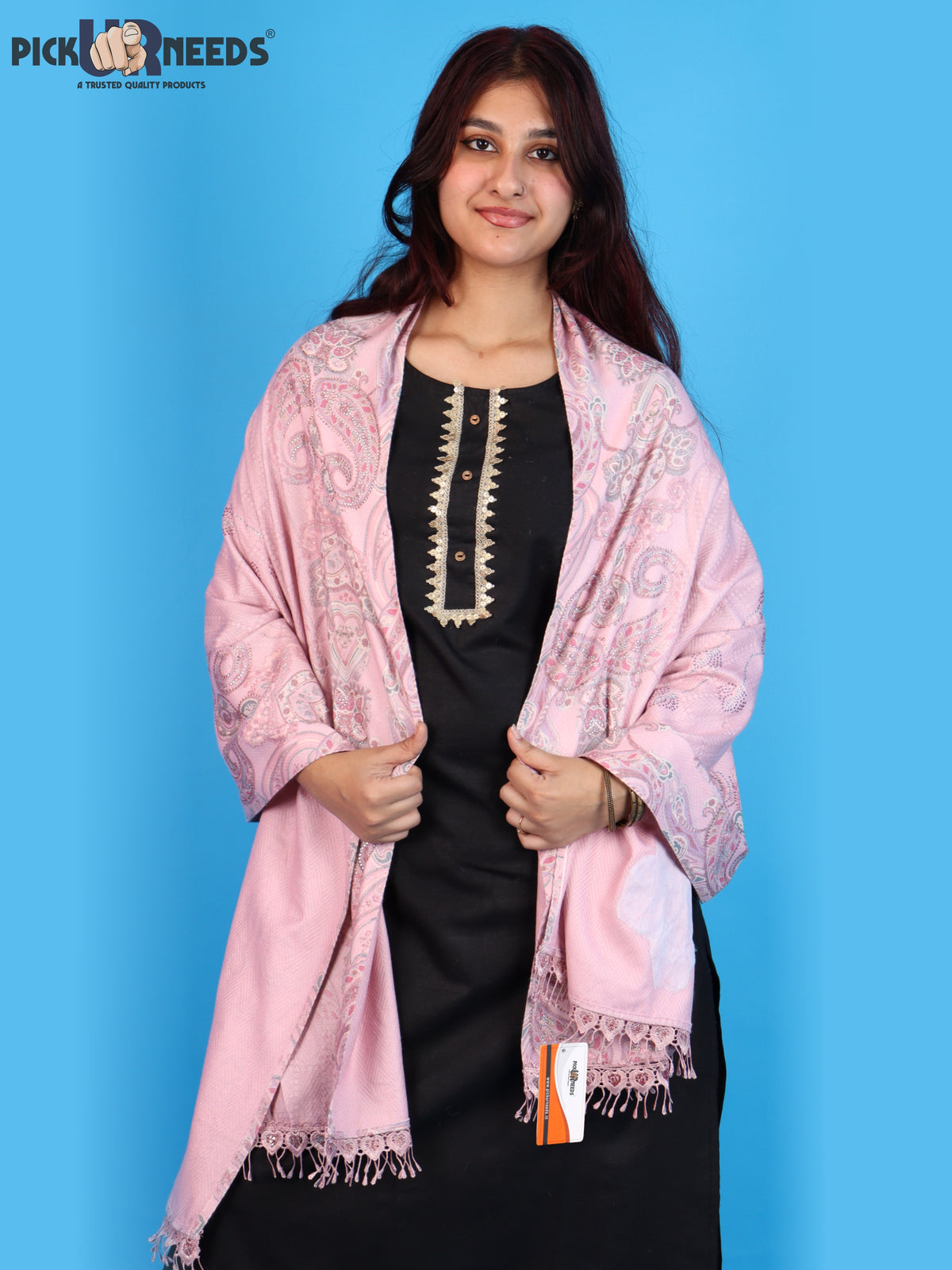 Pick Ur Needs Womens Designer Winter Elegant Floral Embellished Paisley Print Girls Shawl with Decorative Fringe Border