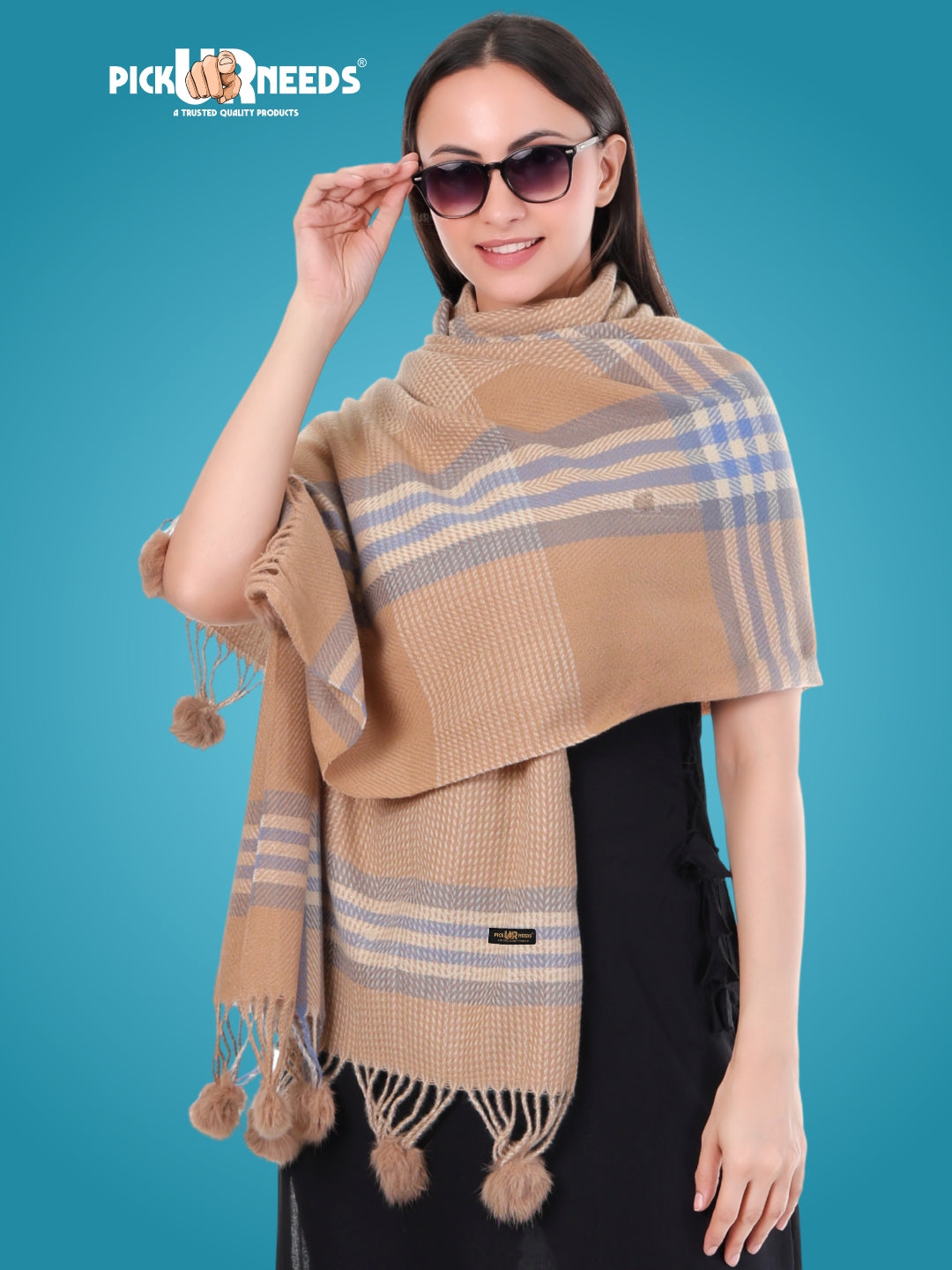 Pick Ur Needs Women's Soft Plaid Shawl Wrap Scarf with Pom Poms Warm Blanket Stole Fashionable Winter Gift for Ladies