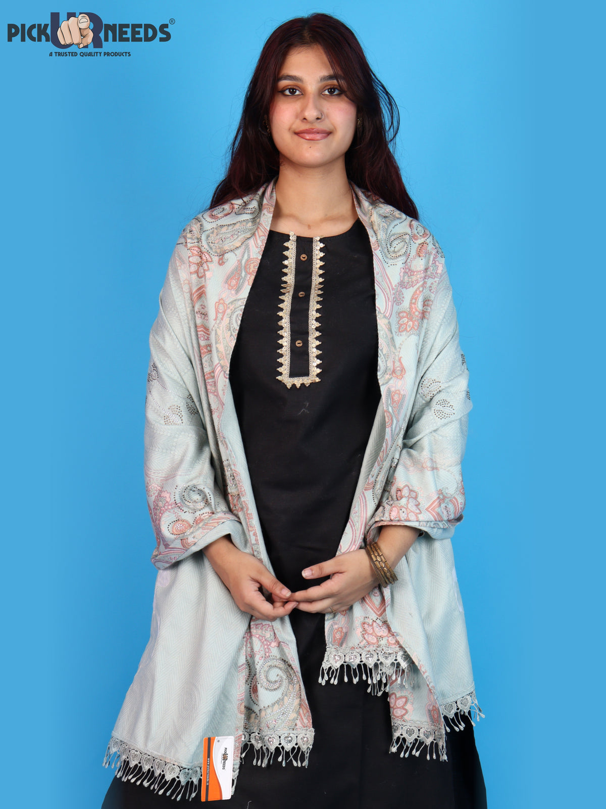 Pick Ur Needs Womens Designer Winter Elegant Floral Embellished Paisley Print Girls Shawl with Decorative Fringe Border