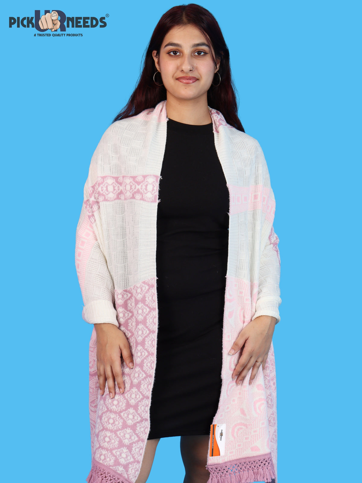 Pick Ur Needs Winter Girls & Womens Woolen Shawl, Soft Warm Printed Wrap with Elegant Pattern & Fringe Border