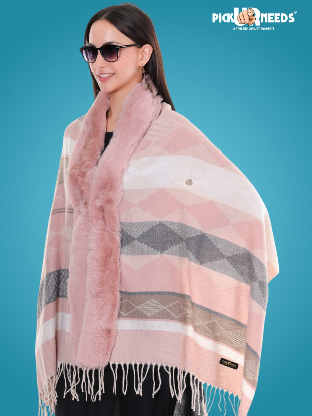 Pick Ur Needs Elegant Winter Soft & Warm Woolen Shawl with Faux Fur Border Multi Color Pattern Scarf