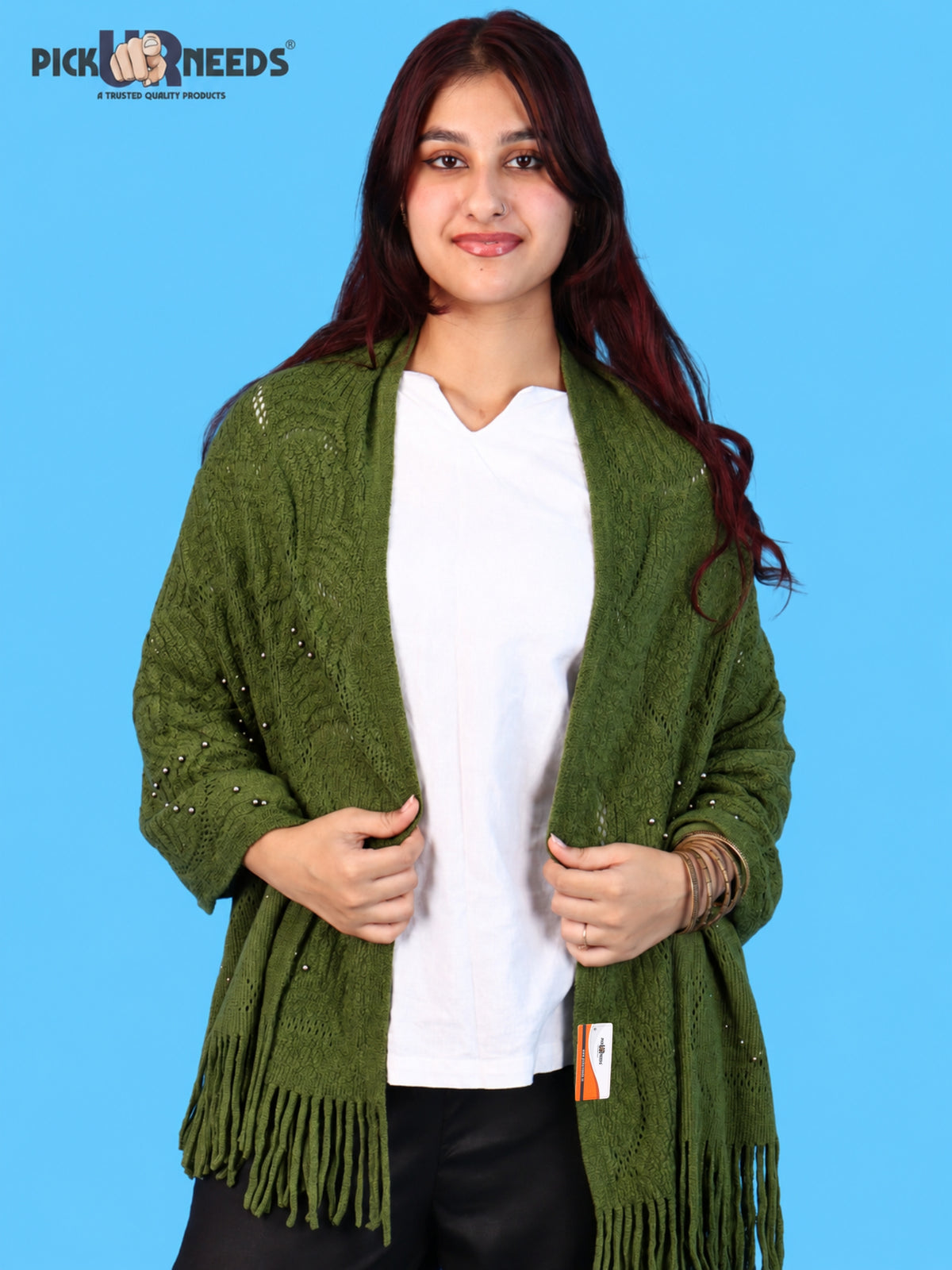 Pick Ur Needs Women & Girls Winter Warm Woolen Shawl Stole with Pearl Work & Fringes – Soft Stylish Wrap