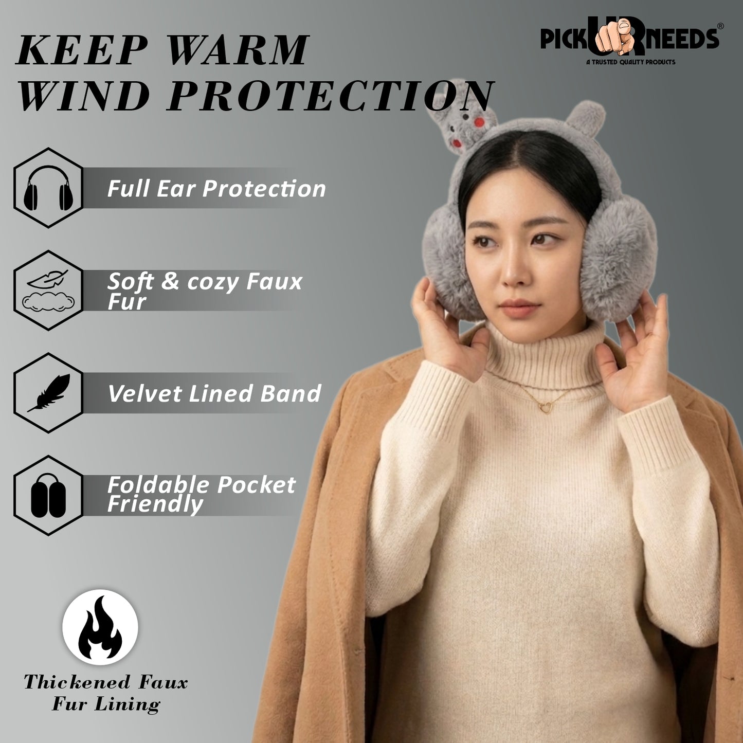 Pick Ur Needs Cute Bunny Ear Muffs for Women & Kids – Foldable Ultra-Soft Winter Earmuffs, Lightweight Plush Ear Warmers