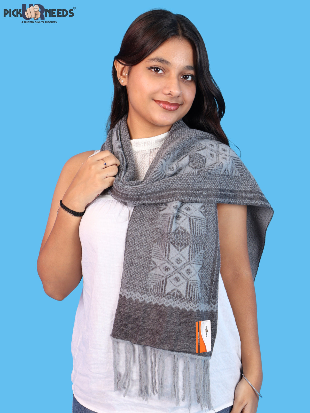 Pick Ur Needs Women & Girls Reversible Knitted Winter Muffler, Soft Warm Woollen Scarf with Geometric Pattern and Tassels, Lightweight Dual-Sided Winter Wrap