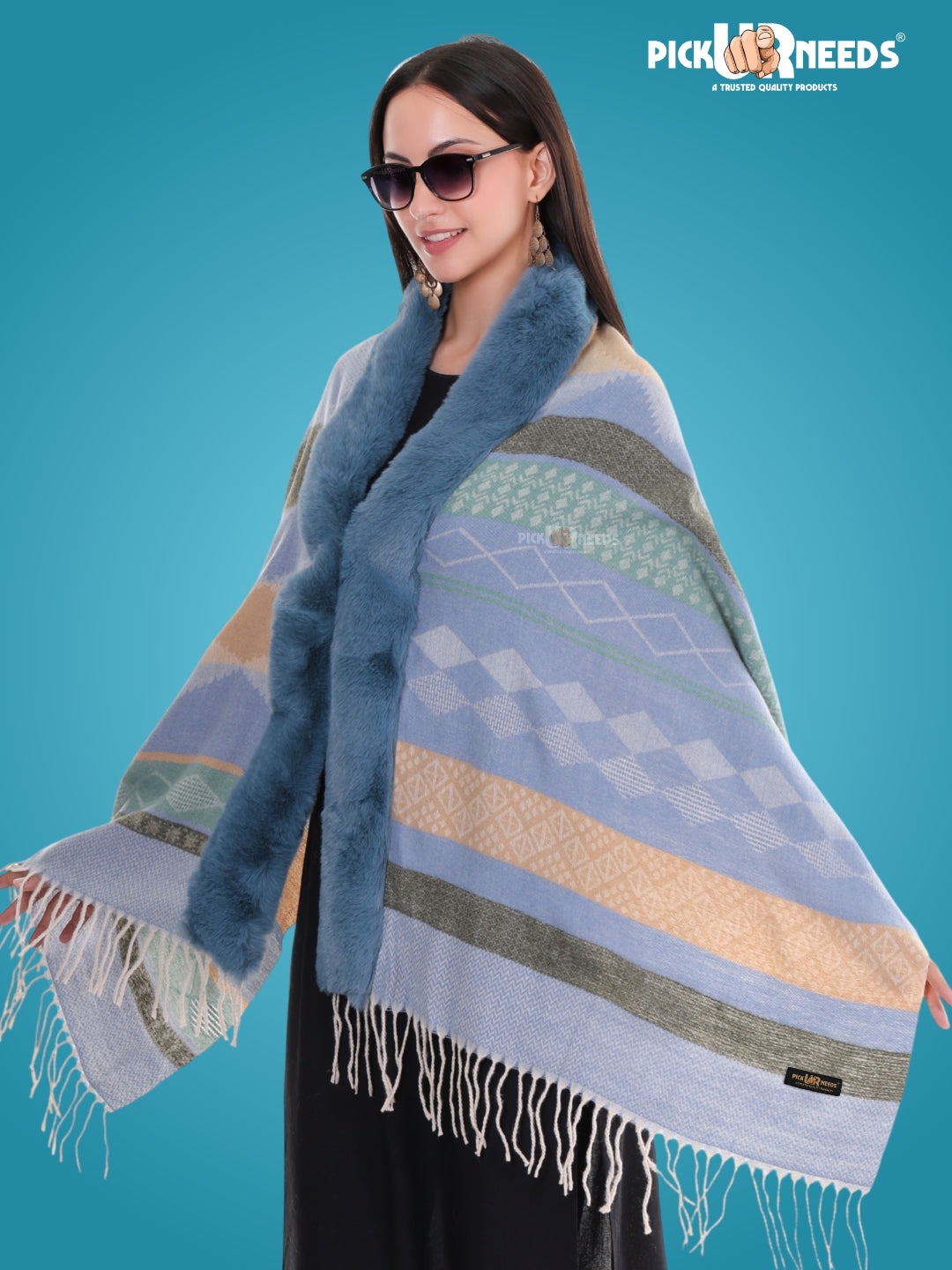 Pick Ur Needs Elegant Winter Soft & Warm Woolen Shawl with Faux Fur Border Multi Color Pattern Scarf