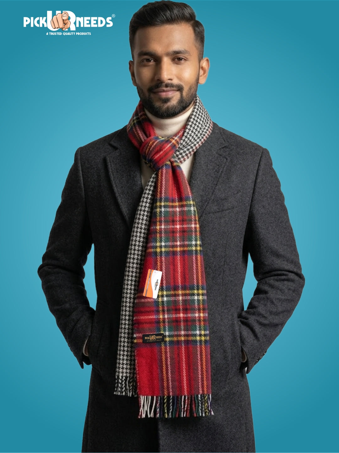 Pick Ur Needs Reversible Winter Muffler for Men Premium Soft Wool Blend Scarf Dual-Design Check & Houndstooth Pattern Warm & Stylish Winter Neck Wrap
