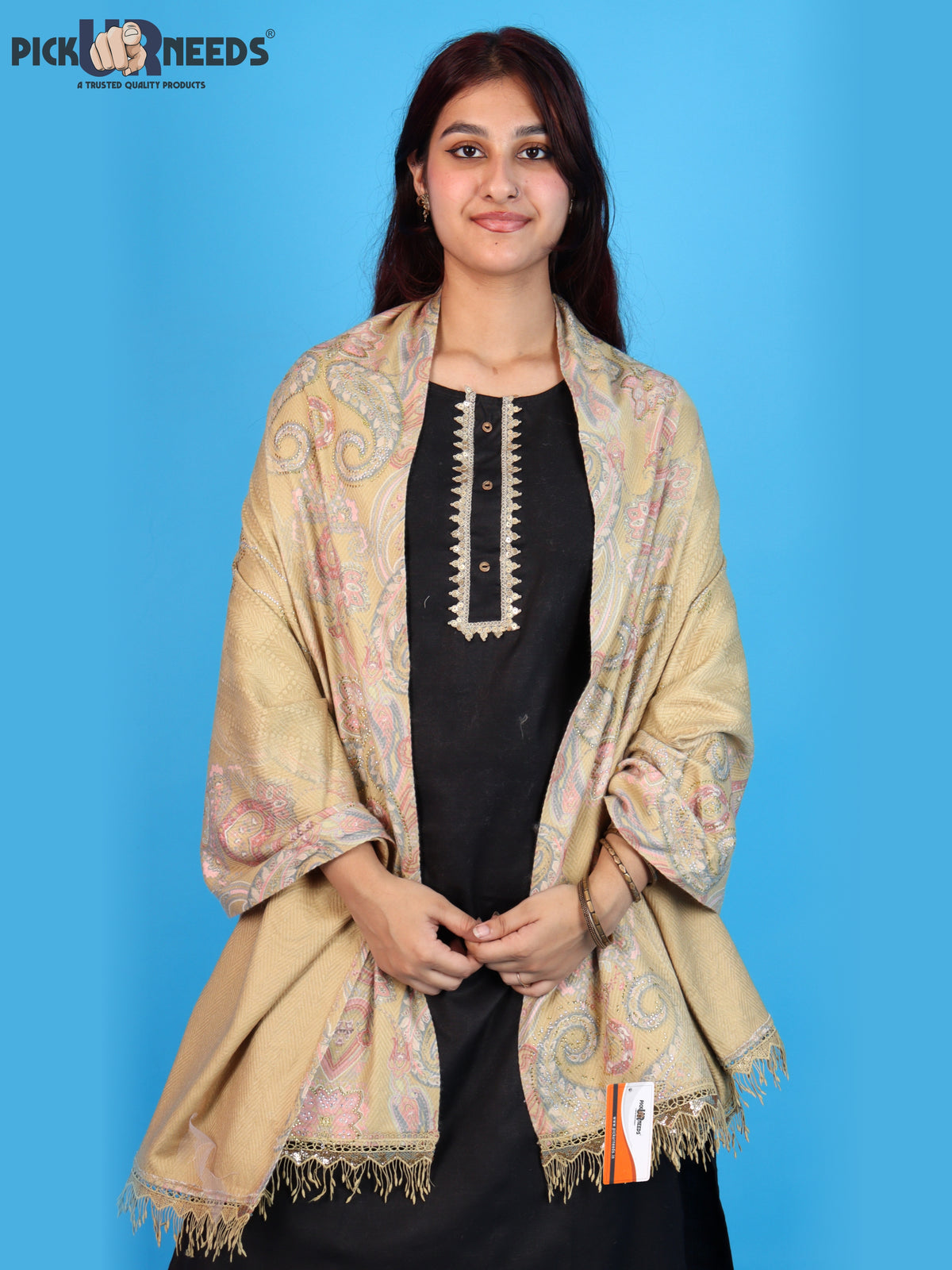 Pick Ur Needs Womens Designer Winter Elegant Floral Embellished Paisley Print Girls Shawl with Decorative Fringe Border