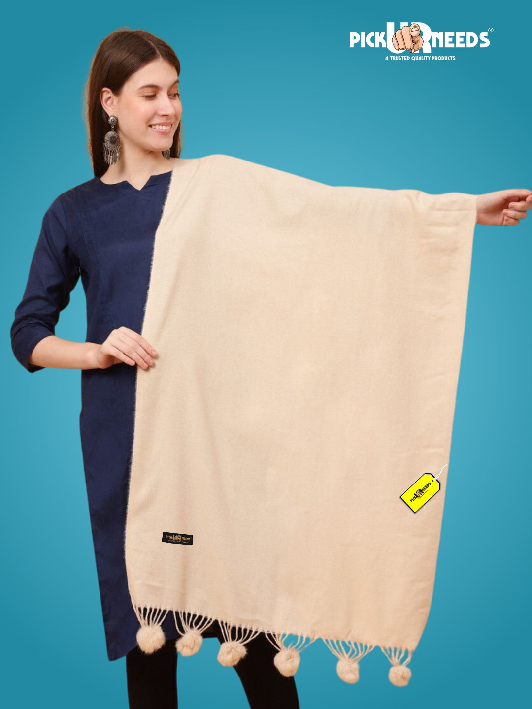 Pick Ur Needs Premium Women’s Wool Blend Scarf Soft Woolen Shawl Winter Stole with Tassels & Pom Poms